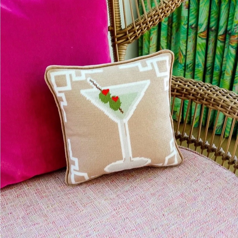 Beige Martini Needlepoint Pillow